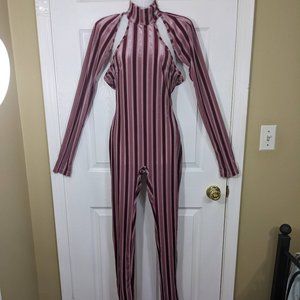 Shane Justin Runway Maroon & Pink Velvet Striped Cut-Out Sleeve Jumpsuit - L NWT